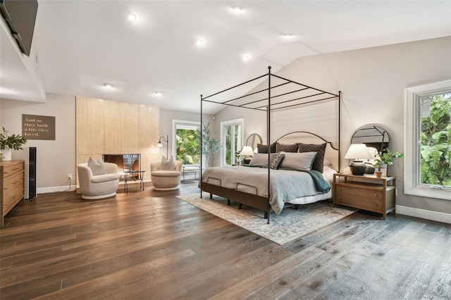 bedroom featuring vaulted ceiling and dark hardwood / wood-style flooring