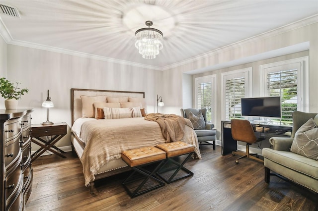 bedroom with dark wood-type flooring and an inviting chandelier