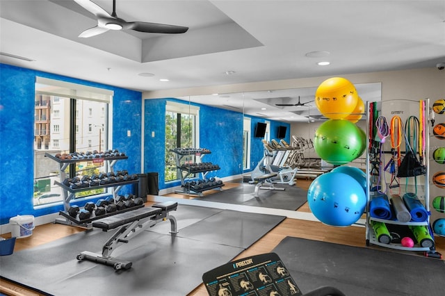 workout area featuring ceiling fan, wood-type flooring, and a raised ceiling