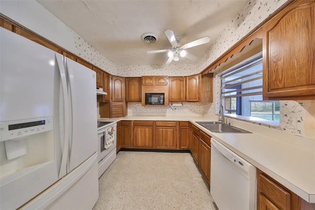 kitchen with ceiling fan, sink, and white appliances