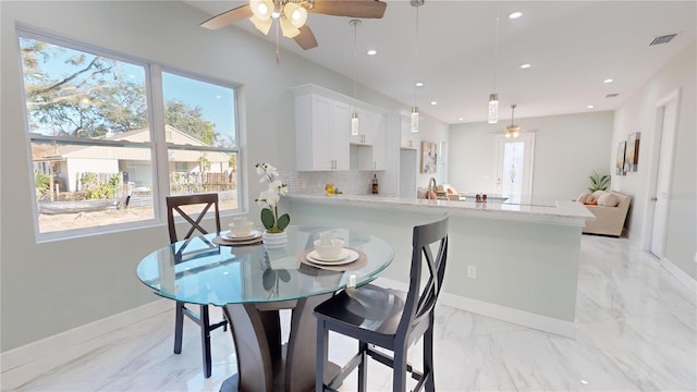 dining area with ceiling fan and a wealth of natural light