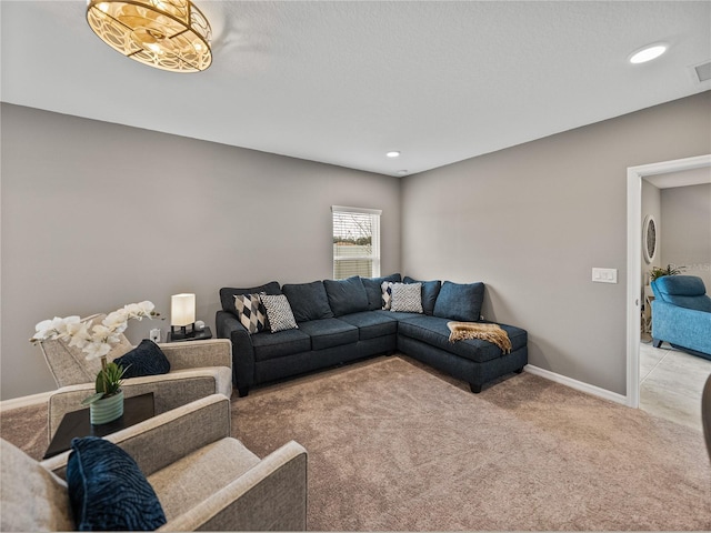 living room with light colored carpet