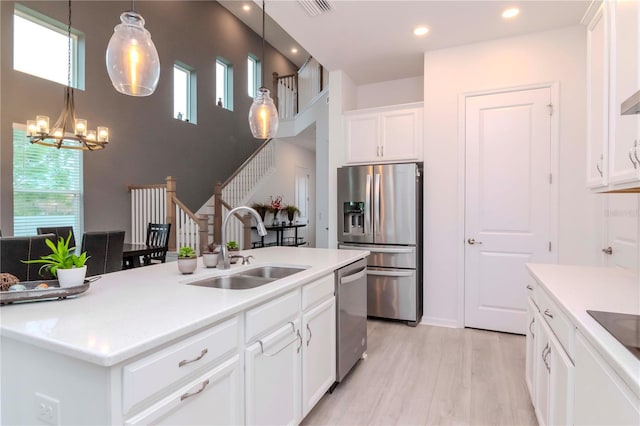 kitchen featuring pendant lighting, white cabinetry, stainless steel appliances, an island with sink, and sink