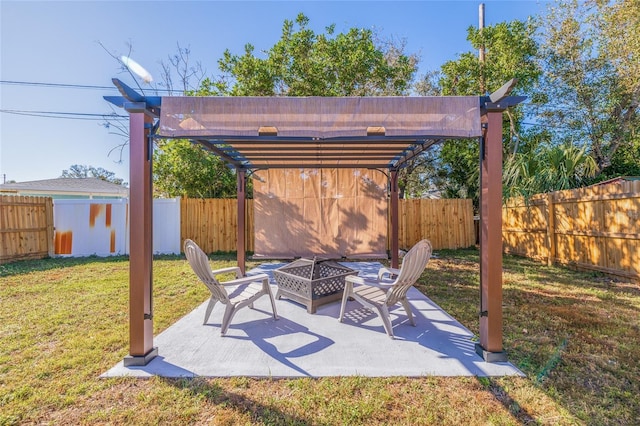 view of patio featuring an outdoor fire pit and a pergola