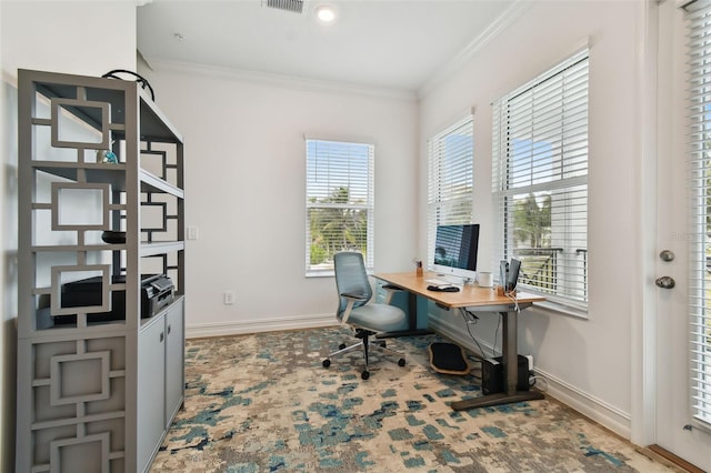 office with crown molding and carpet