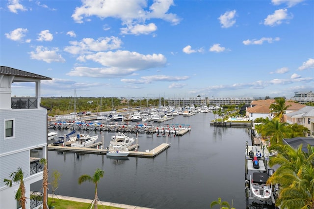 view of water feature with a dock