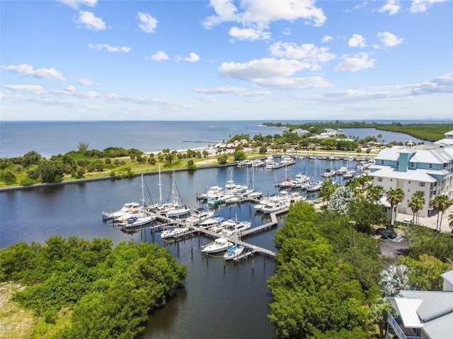 drone / aerial view with a water view