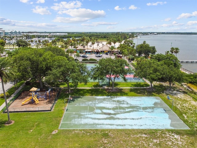 birds eye view of property featuring a water view