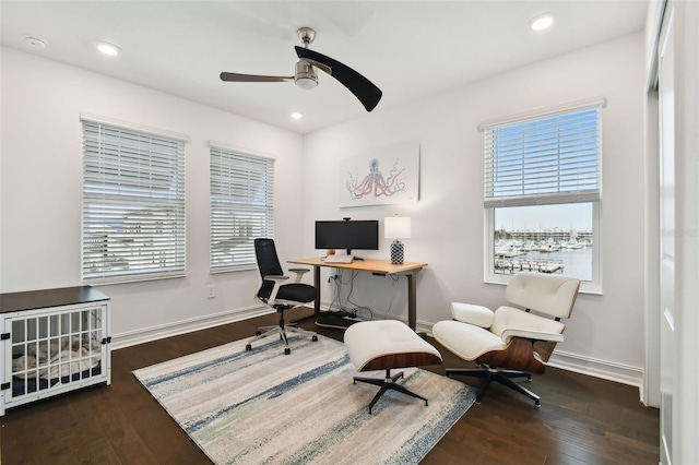 3027 Bermuda Sloop Cir, Ruskin, FL 33570 - home office featuring a ceiling fan, wood finished floors, healthy amount of natural light, and recessed lighting