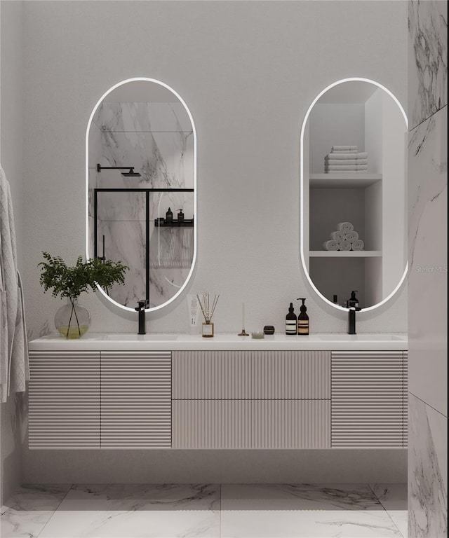 bathroom featuring vanity and a shower