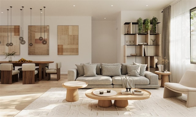 interior space featuring light wood-style flooring and recessed lighting