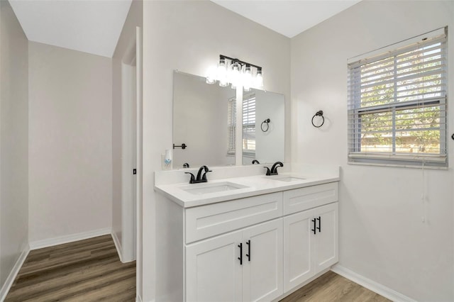 bathroom with hardwood / wood-style flooring and vanity