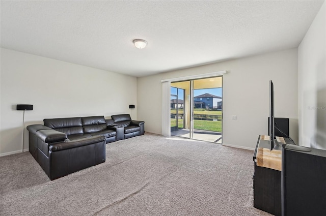 carpeted living room featuring a textured ceiling