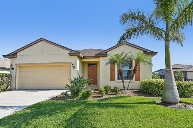 ranch-style house featuring a garage and a front lawn