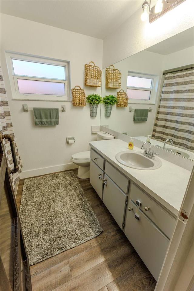 bathroom featuring vanity, hardwood / wood-style flooring, and toilet