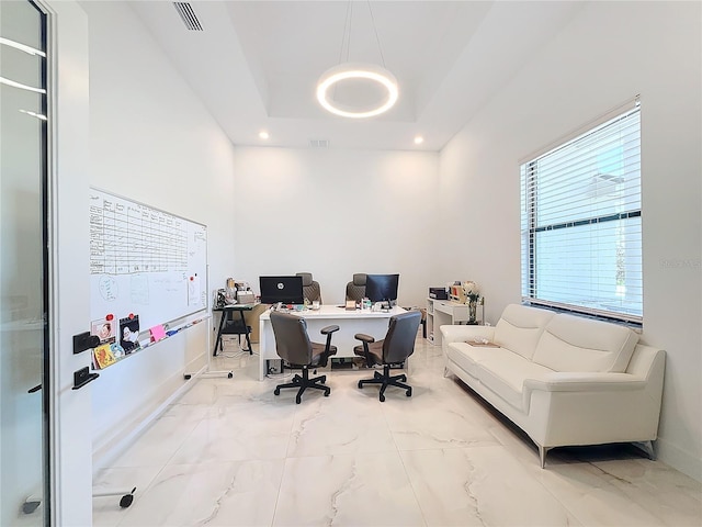 office with a tray ceiling