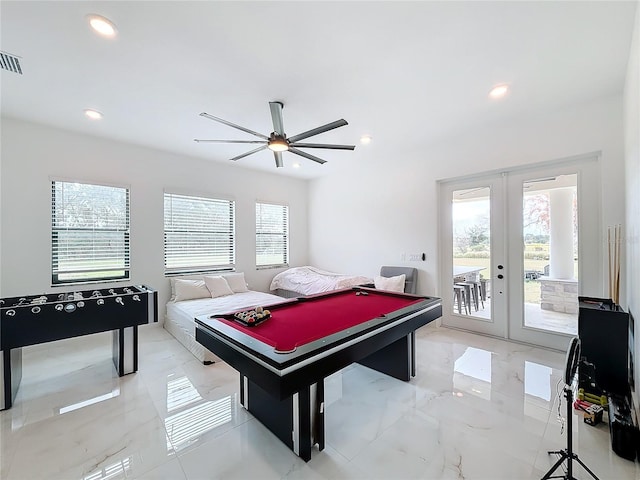 rec room featuring ceiling fan, billiards, and french doors