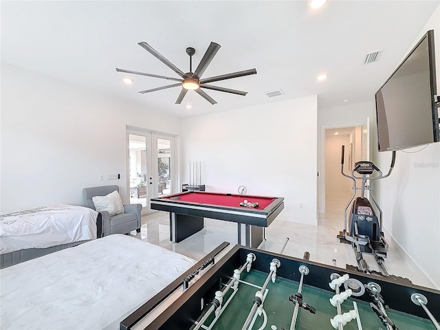 rec room featuring ceiling fan, pool table, and french doors