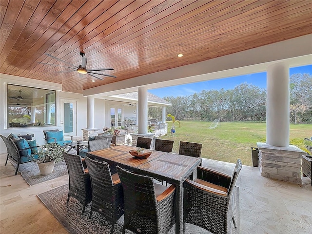 view of patio with ceiling fan, outdoor lounge area, and french doors