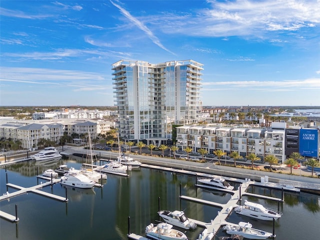 view of water feature with a boat dock