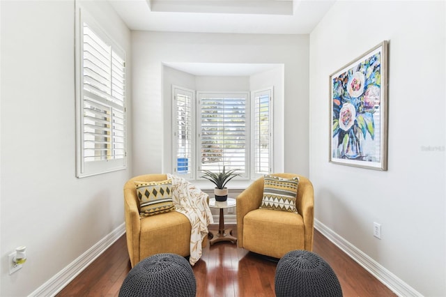 sitting room featuring a raised ceiling, baseboards, and hardwood / wood-style flooring