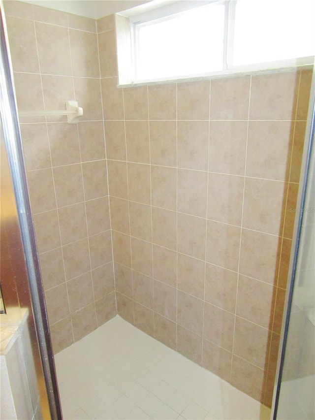 bathroom featuring a shower with door