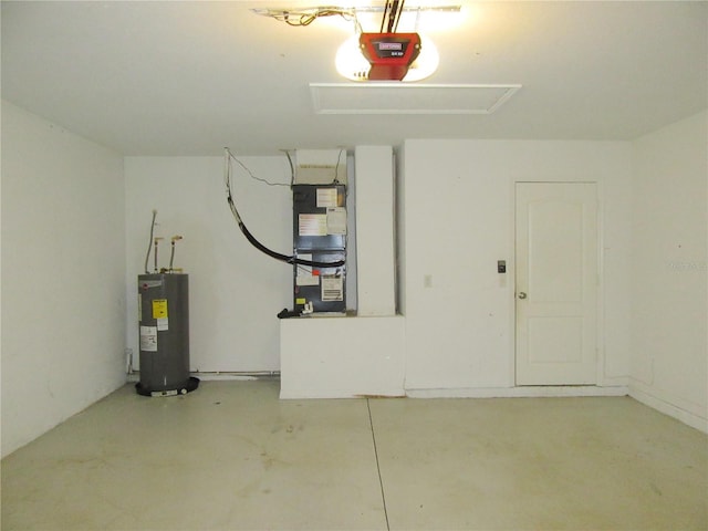 garage featuring water heater, a garage door opener, and heating unit