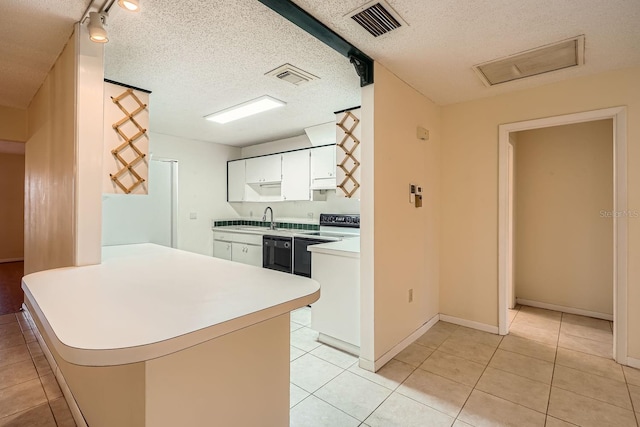 kitchen with white cabinets, kitchen peninsula, sink, and electric stove