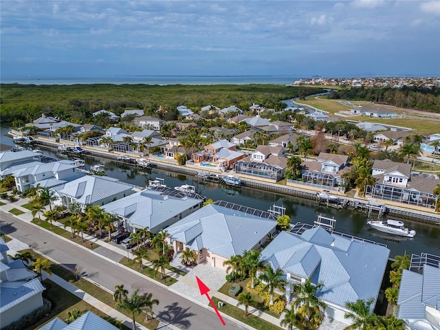 drone / aerial view with a water view