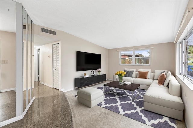 living room with vaulted ceiling and a textured ceiling