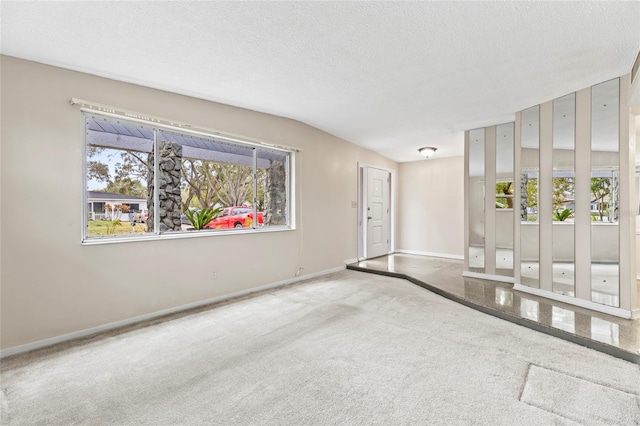 carpeted empty room with lofted ceiling, a wealth of natural light, and a textured ceiling