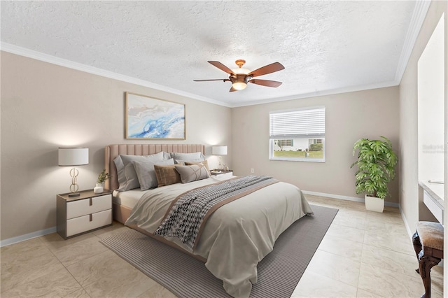 bedroom with crown molding, a textured ceiling, and ceiling fan