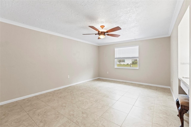 empty room featuring ornamental molding, a textured ceiling, and ceiling fan