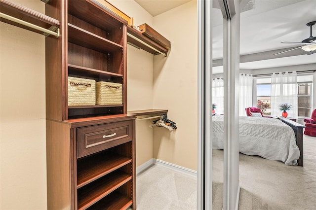 spacious closet featuring ceiling fan and light colored carpet