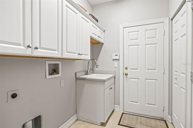 laundry area featuring washer hookup, cabinets, sink, and electric dryer hookup