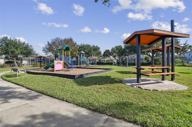 view of play area featuring a lawn