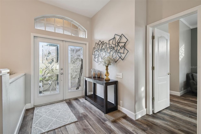 foyer entrance featuring french doors and dark wood-type flooring