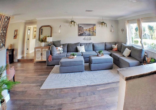 living room with hardwood / wood-style flooring and ornamental molding