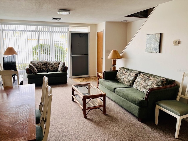 living room with carpet floors and a textured ceiling