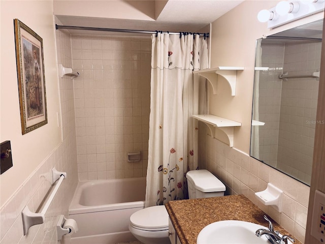 full bathroom with tasteful backsplash, tile walls, vanity, toilet, and shower / bath combo