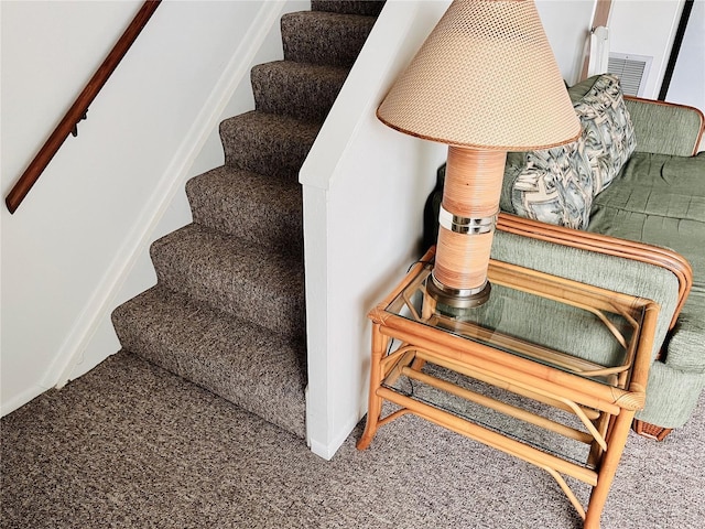 staircase featuring carpet floors