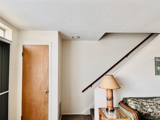 interior space with carpet floors and a textured ceiling