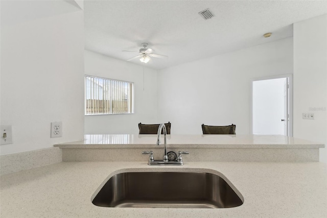 kitchen featuring a textured ceiling, ceiling fan, and sink