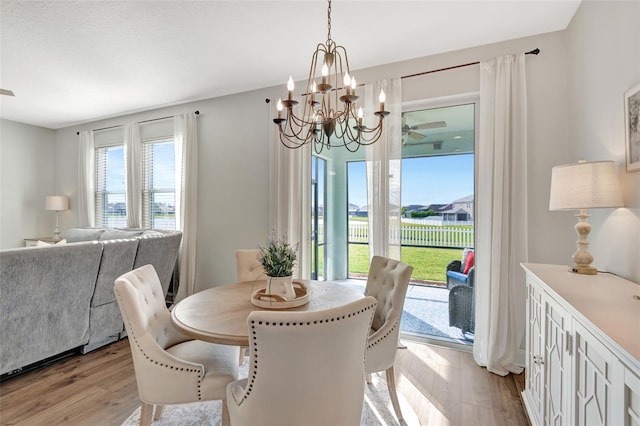 dining area featuring an inviting chandelier and light hardwood / wood-style floors