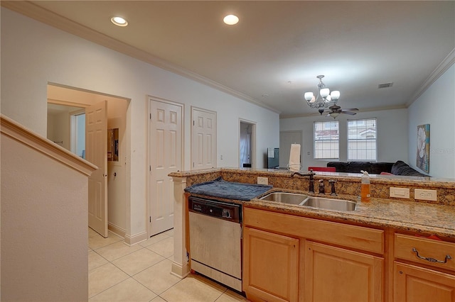 kitchen with stainless steel dishwasher, sink, crown molding, light tile patterned flooring, and ceiling fan with notable chandelier