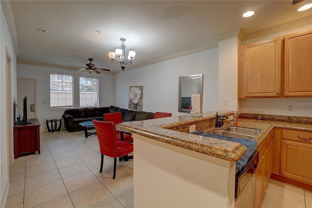 kitchen with ceiling fan with notable chandelier, dishwashing machine, sink, ornamental molding, and light tile patterned floors