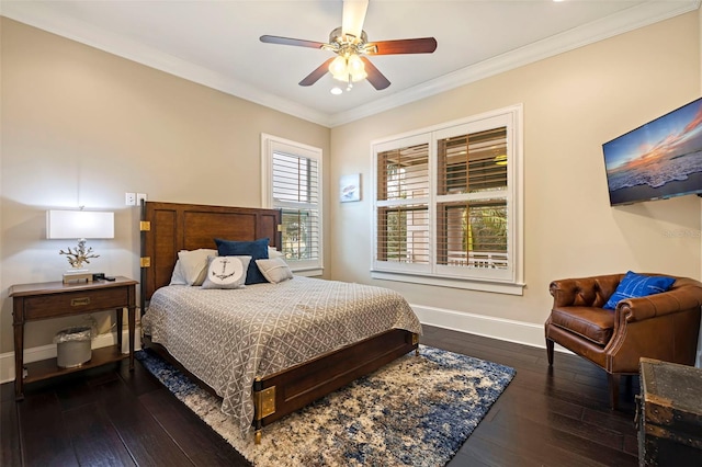 bedroom with ceiling fan, ornamental molding, and dark hardwood / wood-style floors