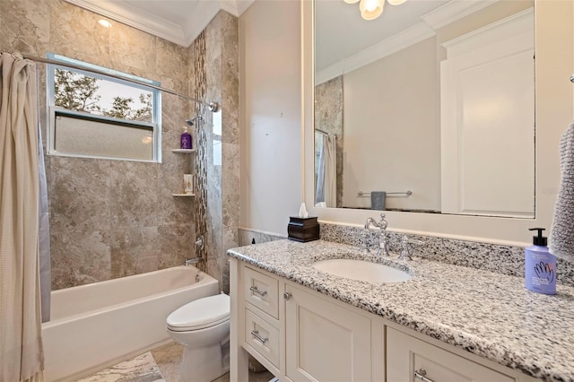 full bathroom with toilet, vanity, shower / bath combo with shower curtain, and ornamental molding