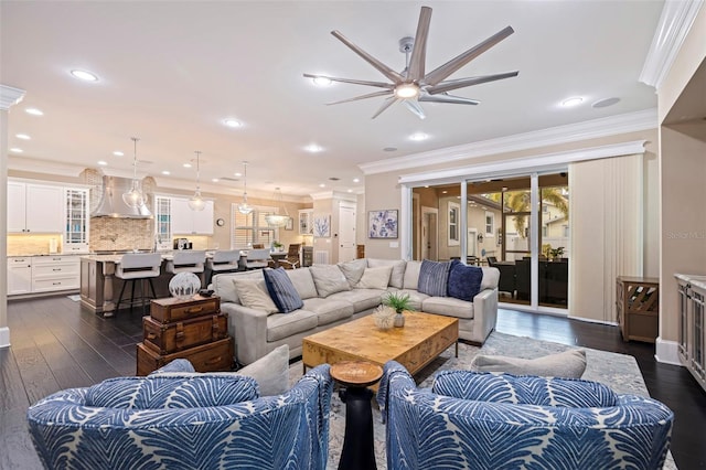 310 8th Ave N, Saint Petersburg, FL 33701 - living room with a ceiling fan, crown molding, plenty of natural light, dark wood-style floors, and recessed lighting