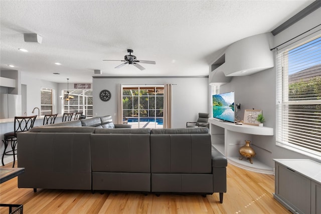 living room featuring ceiling fan, a textured ceiling, and light wood-type flooring